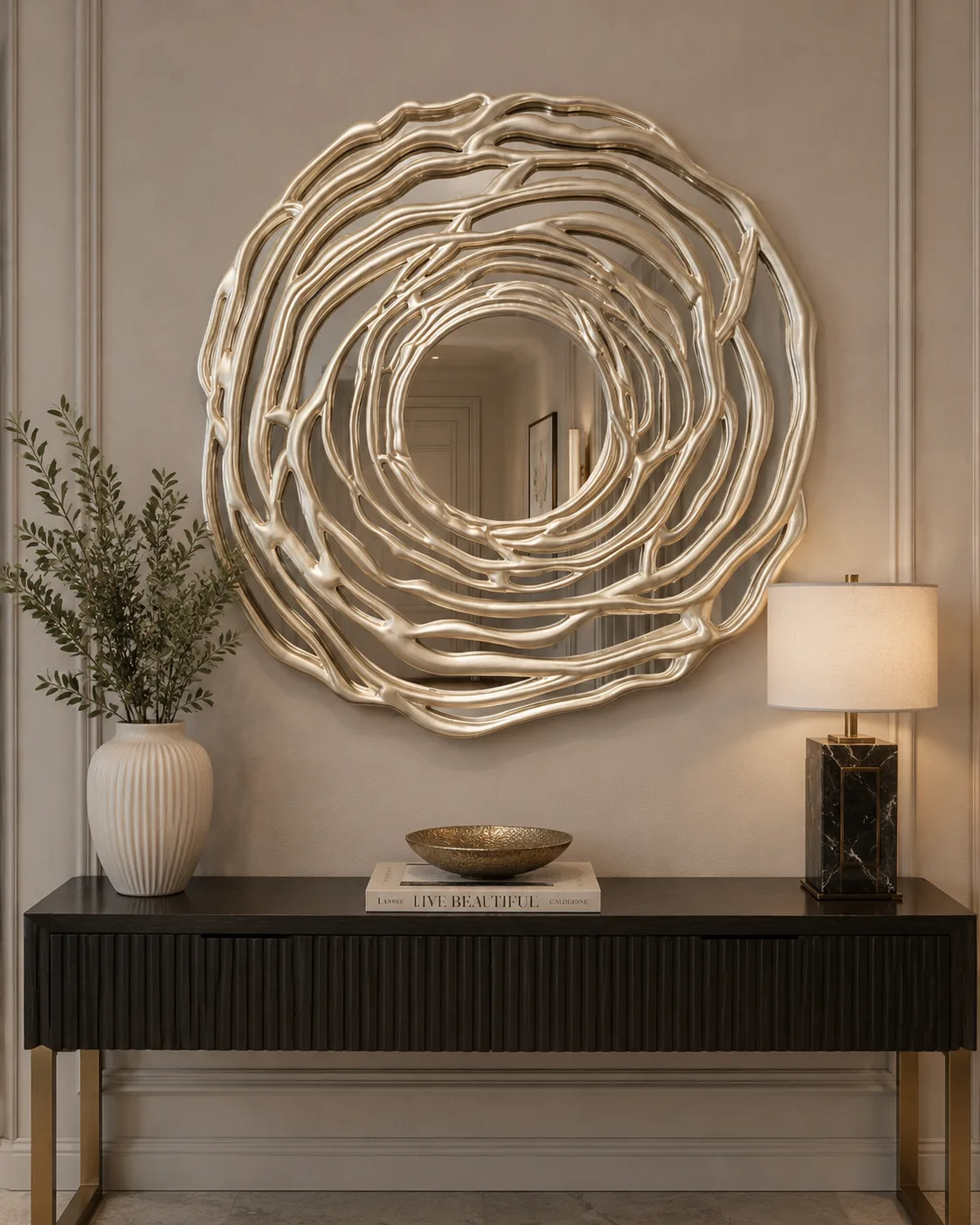 Modern Organik Tasarım Polyester Duvar Aynası 97x94 cm – Dekoratif Yuvarlak Salon, Antre ve Oturma Odası Aynası