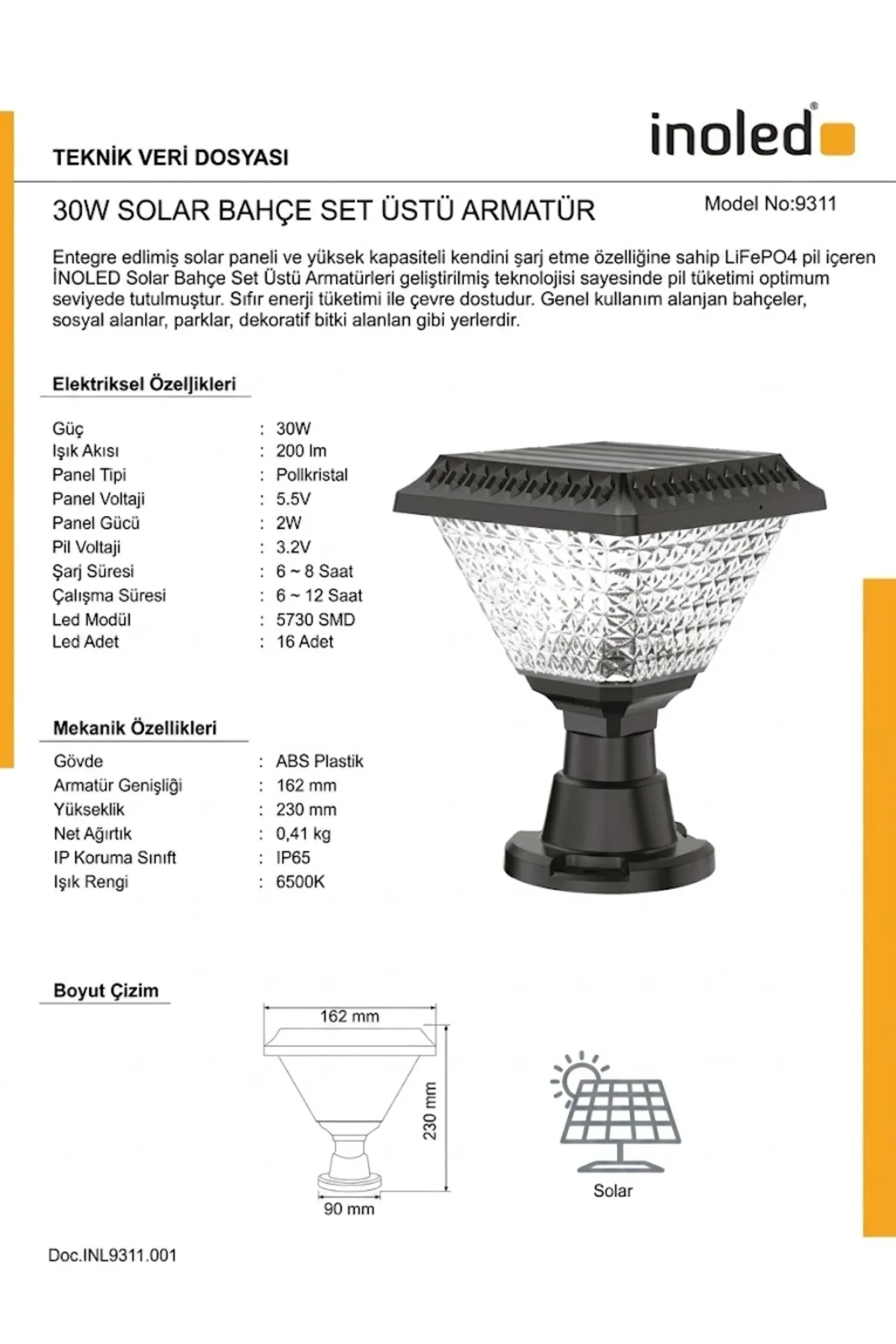 9311 30W SOLAR GÜNEŞ ENERJİLİ BAHÇE ARMATÜRÜ 6500K BEYAZ IŞIK IP65 - Görsel 4