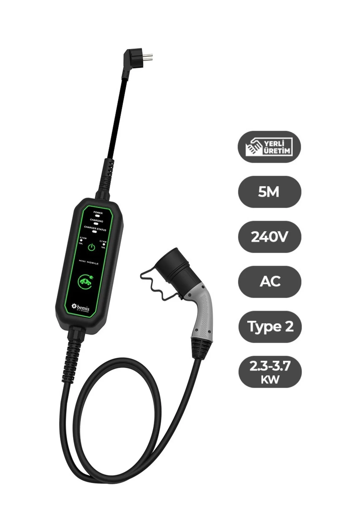 2,3 - 3,7 kw Mini Mobil Araç Şarj Aleti 5 Metre BEV-111-0001
