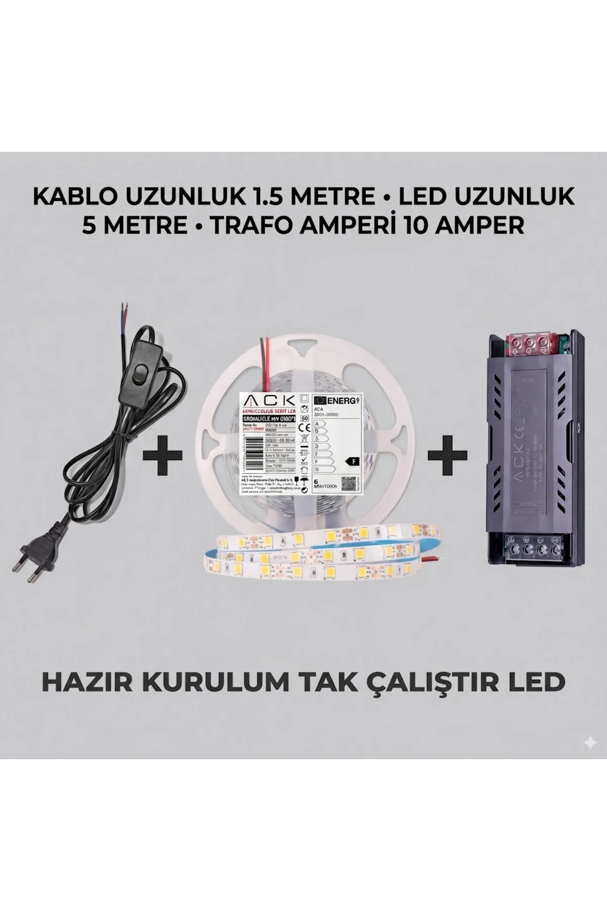 5 METRE BEYAZ ŞERİT LED AYDINLATMA SETİ - 10A TRAFO + 1.5M FİŞLİ KABLO - HAZIR TAK ÇALIŞTIR