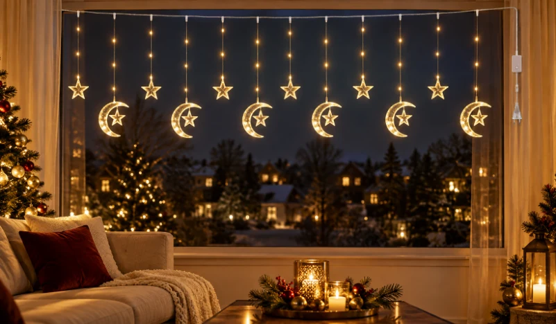 Ay Yıldız Perde 120 LED 3 × 0,5 m IP44 8 Animasyonlu – Gün Işığı, Şeffaf Kablo - Görsel 2