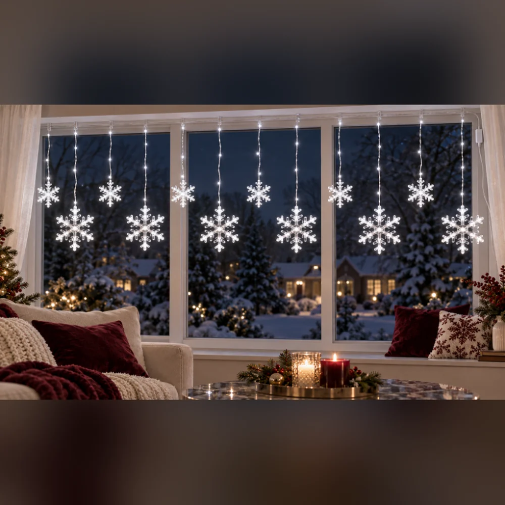 Kar Tanesi Perde 120 LED 3 × 0,5 m IP44 8 Animasyonlu – Beyaz, Şeffaf Kablo