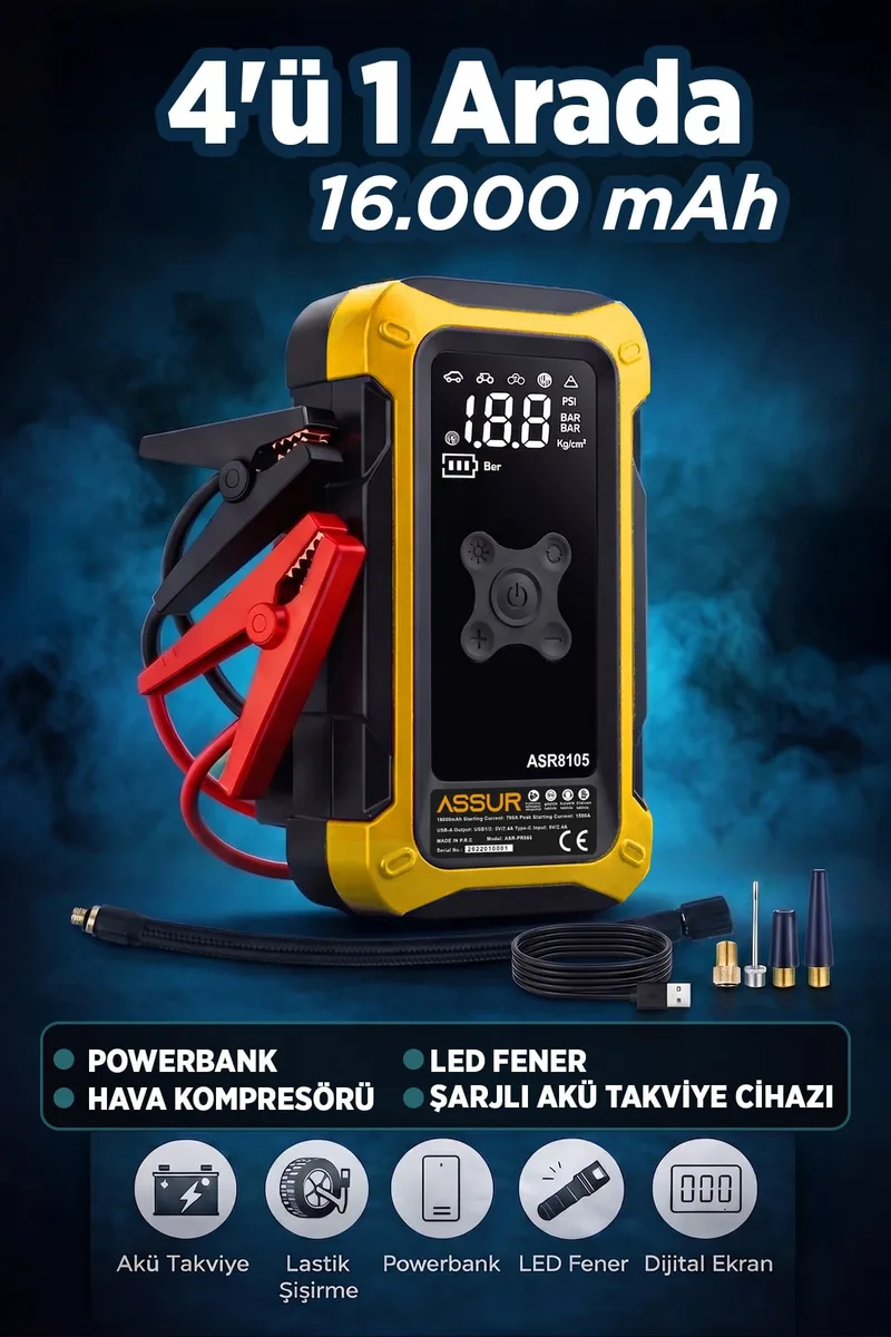 4'ü 1 Arada Dijital Göstergeli | Powerbank | Led Fener | Hava Kompresörü| Şarjlı Akü Takviye Cihazı - Görsel 6
