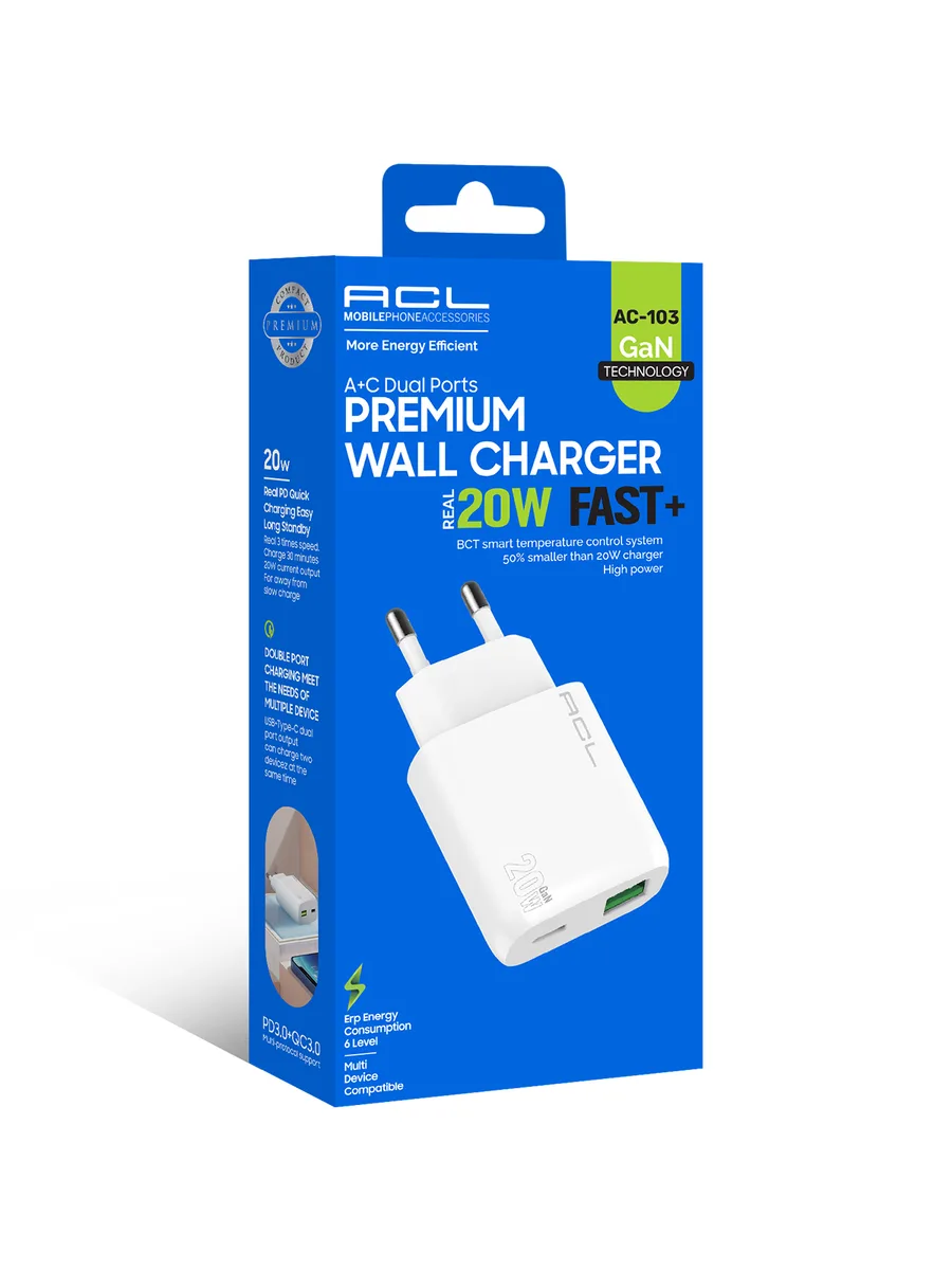 ACL AC-103 20W GaN Premium Hızlı Duvar Şarj Cihazı – Çift Portlu (USB-A + Type-C) ve Akıllı Isı Kontrolü