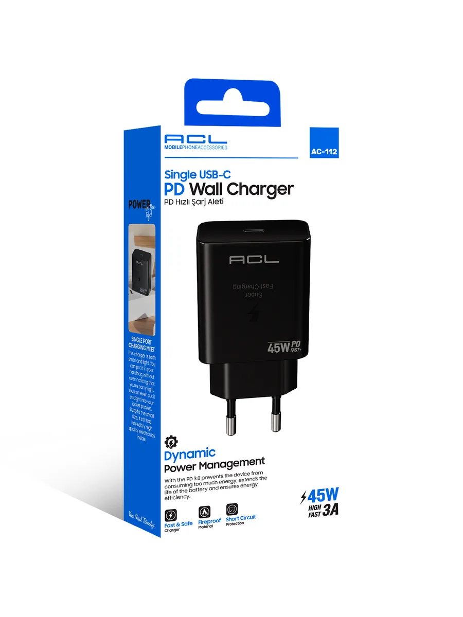 ACL AC-112 45W PD 3.0 Tek Portlu Type-C Süper Hızlı Duvar Şarj Cihazı – PPS Destekli ve Akıllı Güç Yönetimi