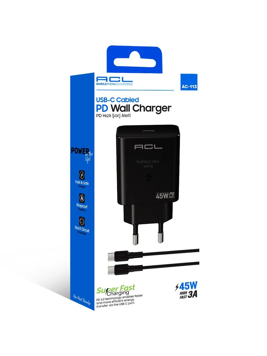 ACL AC-113 45W PD 3.0 Type-C Kablolu Hızlı Duvar Şarj Cihazı – PPS Destekli ve Akıllı Koruma