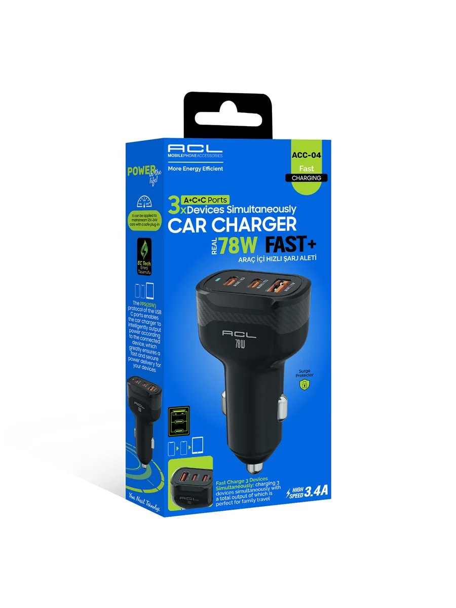 ACL ACC-04 78W Süper Hızlı Araç Şarj Cihazı – Çift PD 30W + QC 3.0 18W Üç Portlu Akıllı Şarj Başlığı