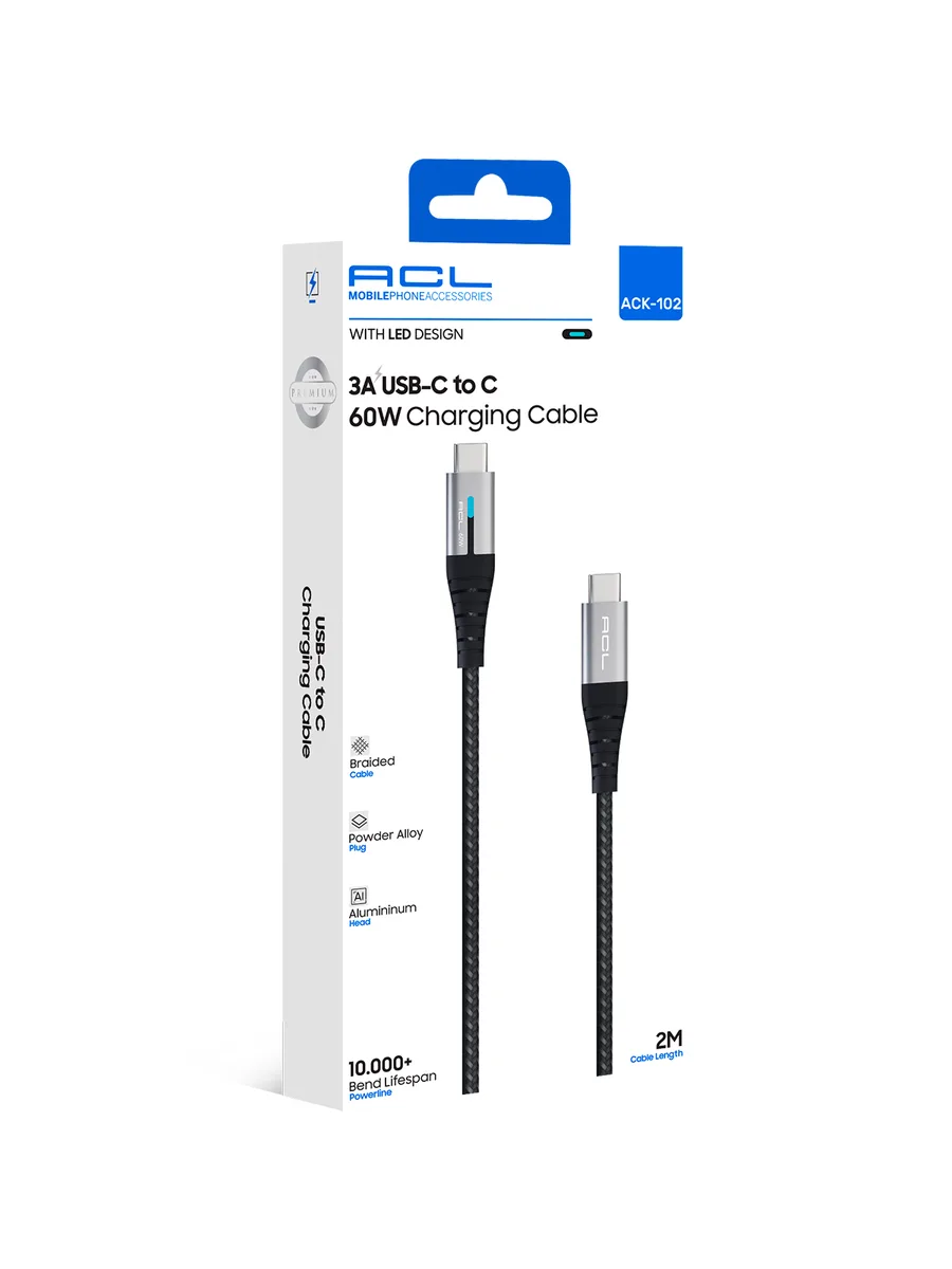 ACL ACK-102 2M LED Göstergeli 60W USB-C to USB-C Örgü Şarj ve Veri Kablosu (3A)