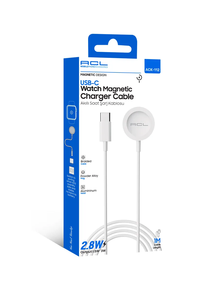 ACL ACK-112 2.8W USB-C Akıllı Saat Manyetik Şarj Kablosu (1 Metre)