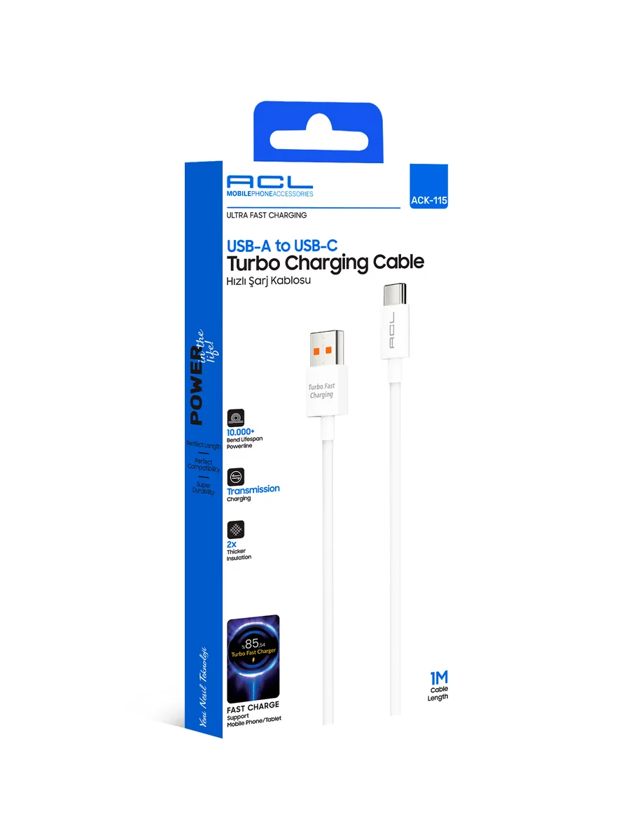 ACL ACK-115 1 Metre 85W Turbo Fast USB-A to USB-C Hızlı Şarj ve Veri Kablosu