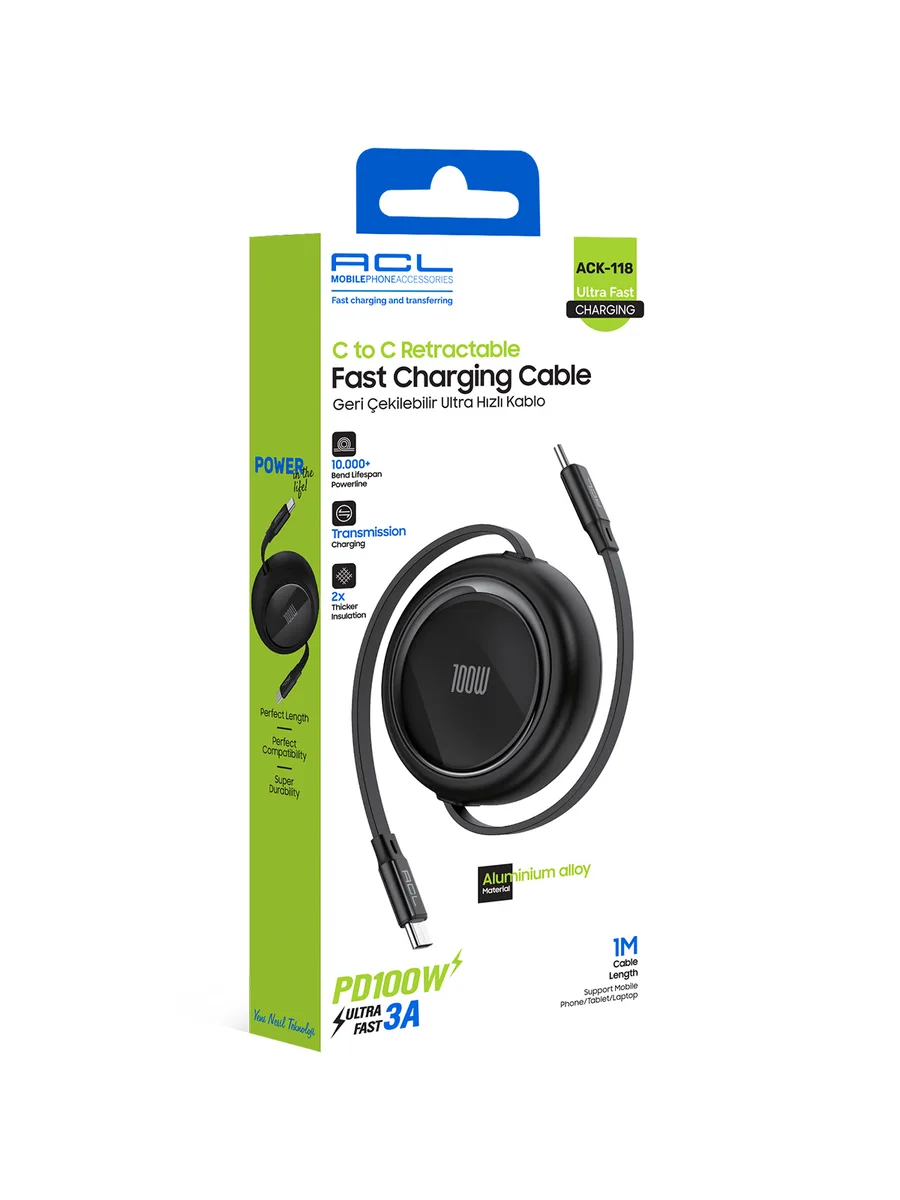 ACL ACK-118 100W PD Ultra Hızlı Geri Çekilebilir Type-C to Type-C Şarj Kablosu (1 Metre)