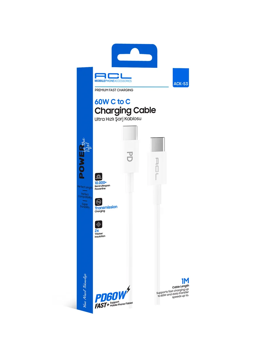 ACL ACK-53 1 Metre Type-C to Type-C 60W Ultra Hızlı Şarj ve Veri Kablosu