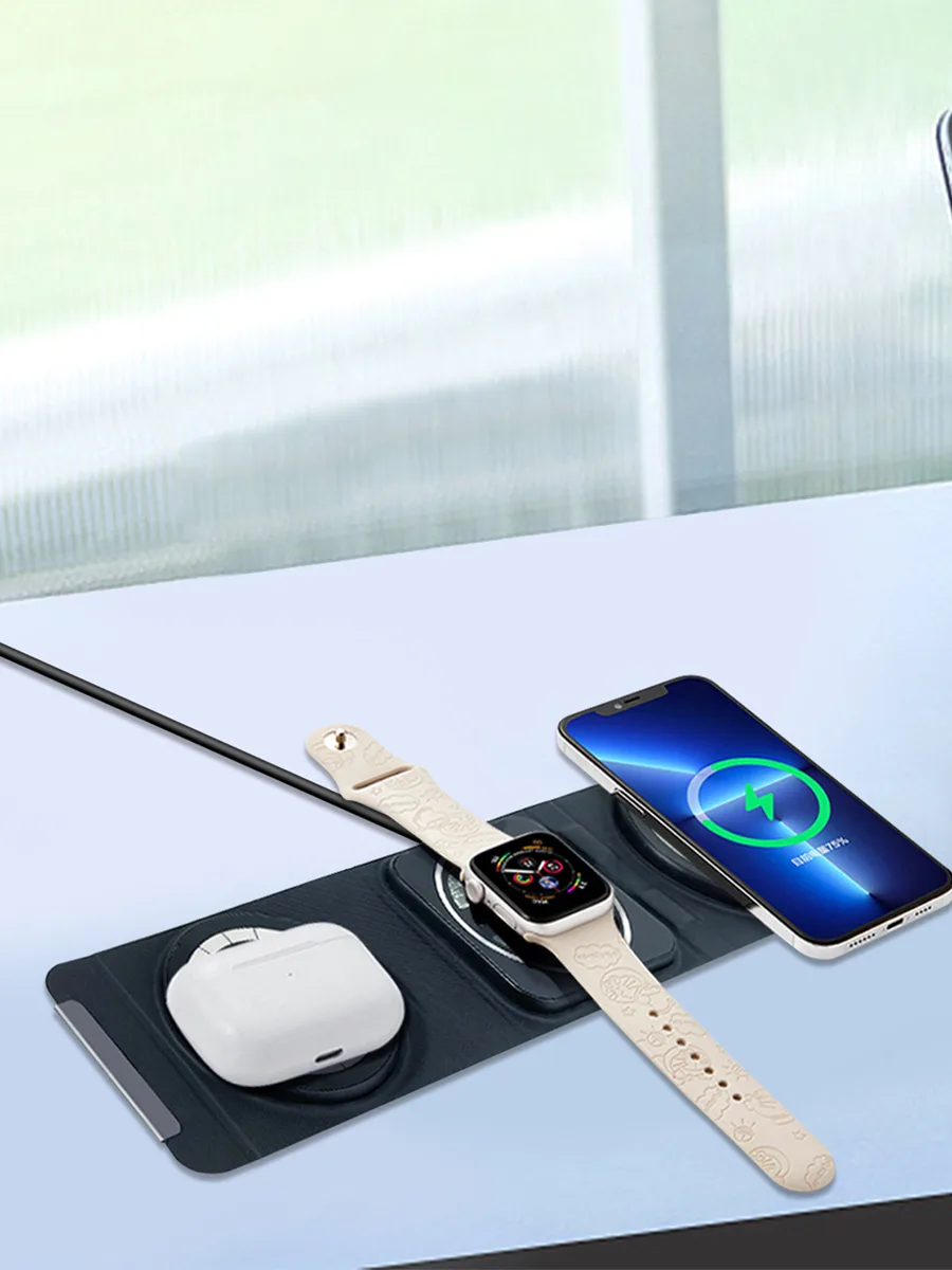 ACL AW14 3in1 MagSafe Katlanabilir Seyahat Şarj Seti – Deri/Kumaş Dokulu 15W Kablosuz Şarj İstasyonu - Görsel 5