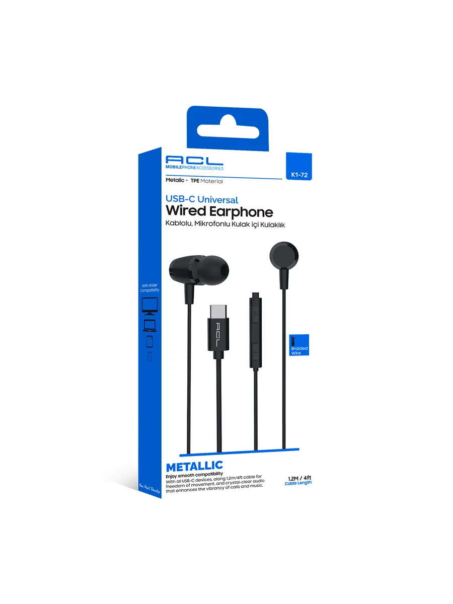 ACL K1-72 USB-C Tip C Metal Başlıklı ve Örgü Kablolu Mikrofonlu Kulak İçi Kulaklık – Gürültü Azaltıcı ve Kumandalı
