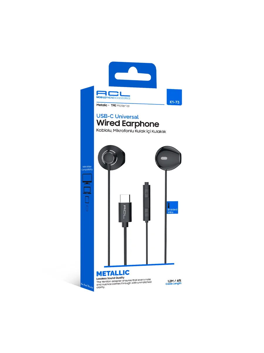 ACL K1-73 USB-C Tip C Metal Başlıklı ve Örgü Kablolu Mikrofonlu Kulak İçi Kulaklık – 1.2M Dayanıklı Tasarım
