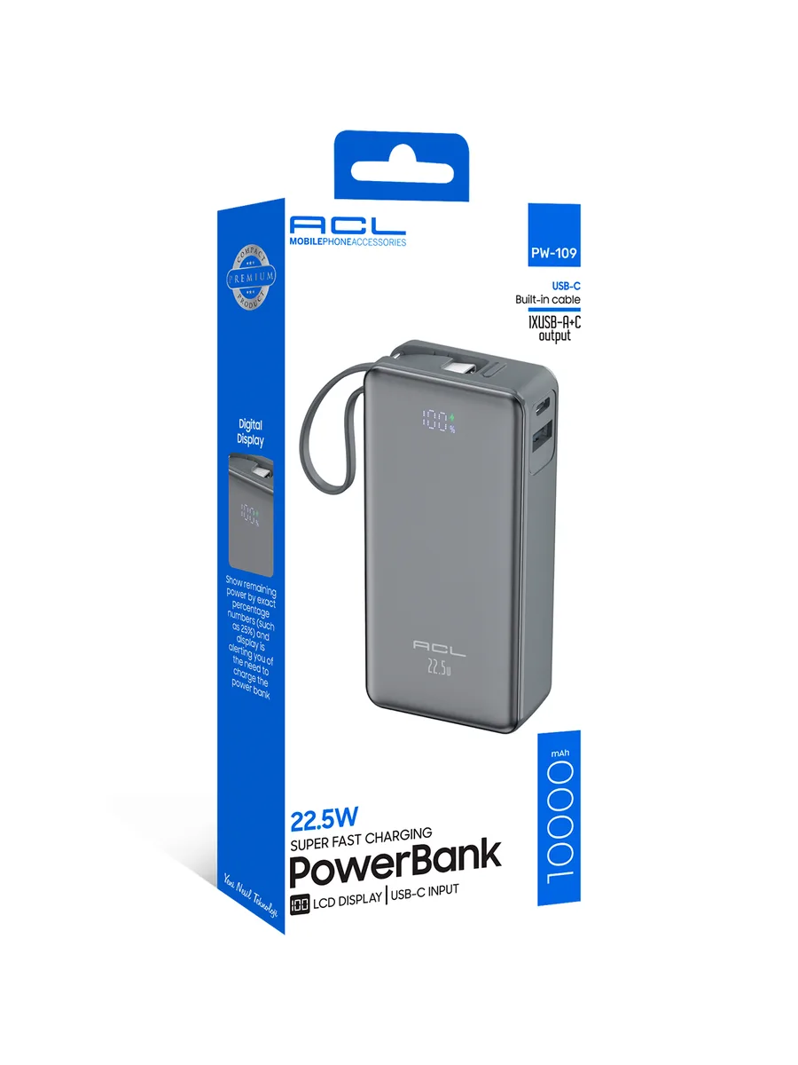 ACL PW-109 10000 mAh 22.5W Super Fast Charging Powerbank – Dahili Type-C Kablolu ve LCD Göstergeli