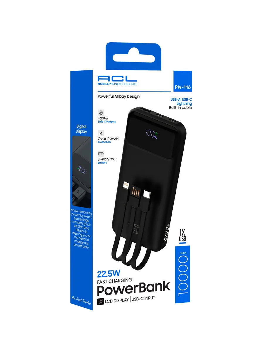 ACL PW-116 10000 mAh 22.5W Powerbank – Dahili 4in1 Kablolu ve LCD Göstergeli Hızlı Şarj Cihazı