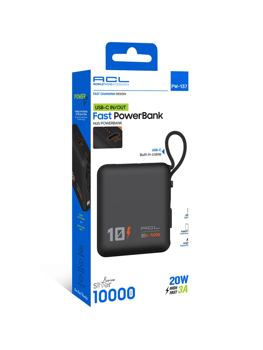ACL PW-137 10000 mAh 20W PD Hızlı Şarj Powerbank – Dahili Type-C Kablolu ve Askı Aparatlı Mini Güç Kaynağı