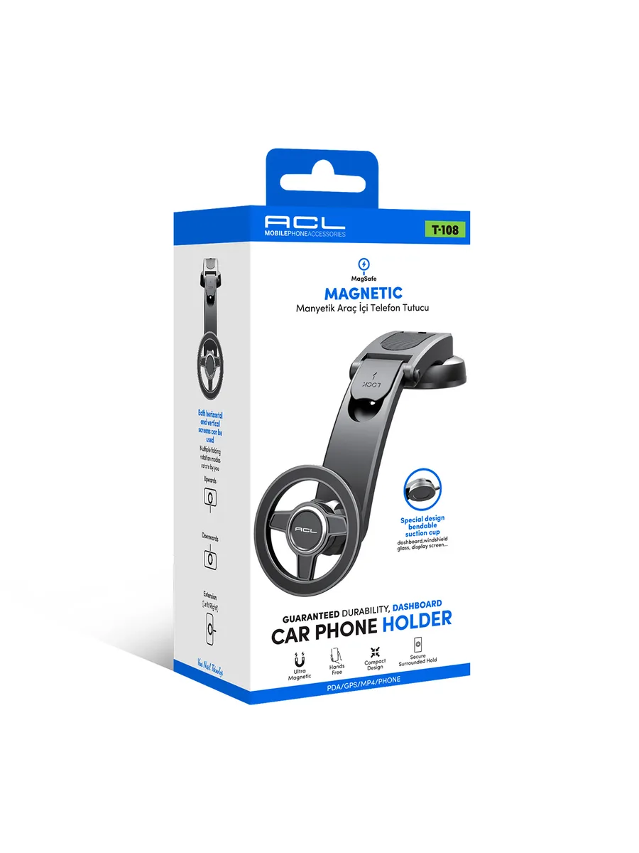 ACL T-108 MagSafe Uyumlu Manyetik Katlanabilir Araç İçi Telefon Tutucu – Vantuzlu (Konsol ve Cam İçin)