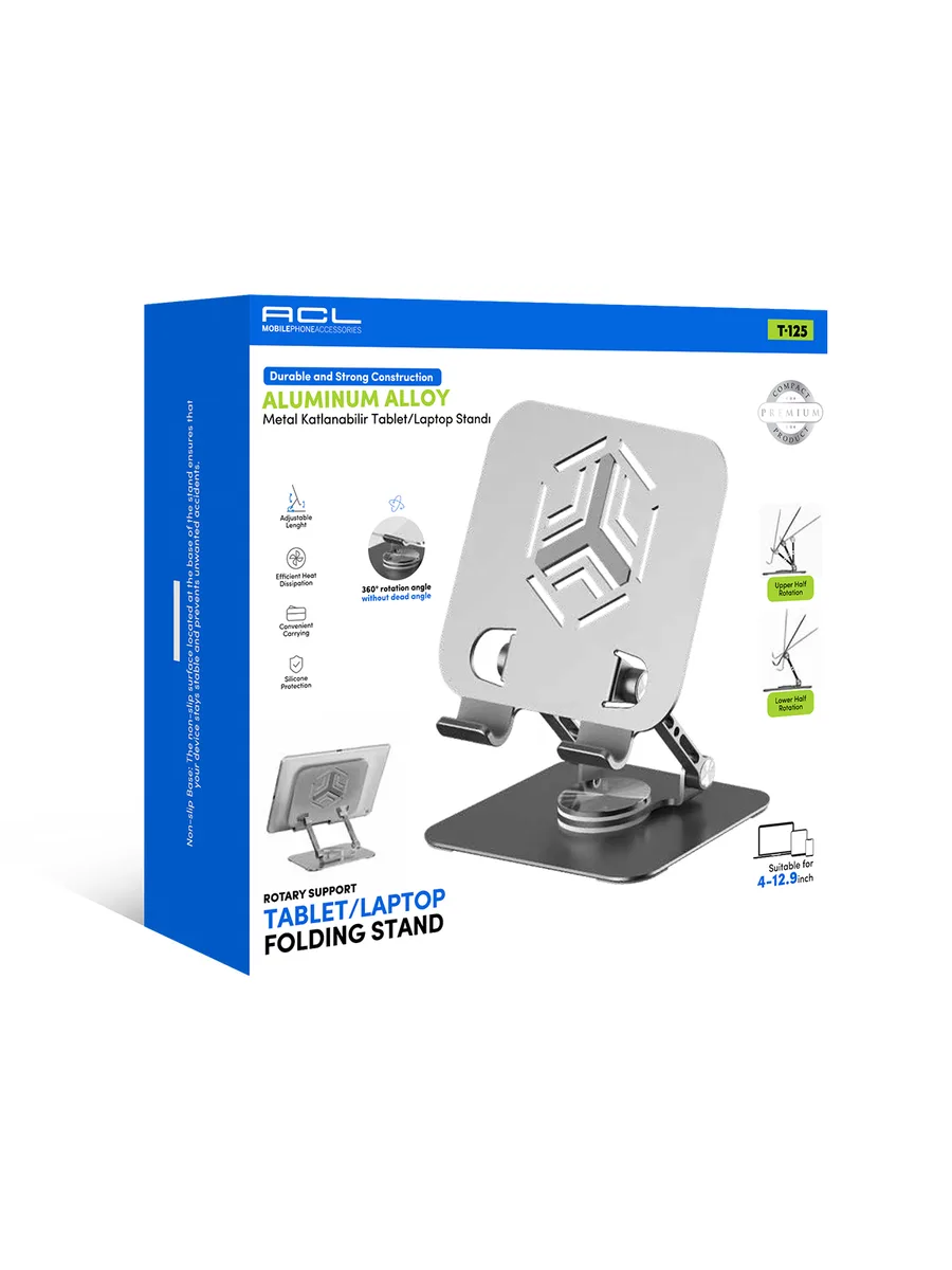ACL T-125 Alüminyum Alaşımlı 360° Dönebilen Metal Katlanabilir Tablet ve Laptop Standı (4-12.9 İnç)