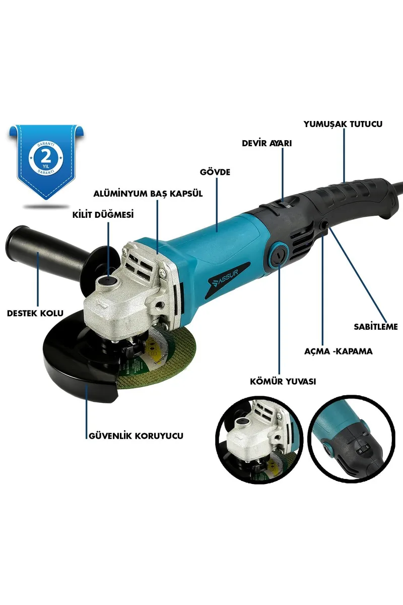 Assur 1200W Avuç Taşlama Makinesi 125mm 6 Kademeli Uzun Kuyruk - Görsel 5