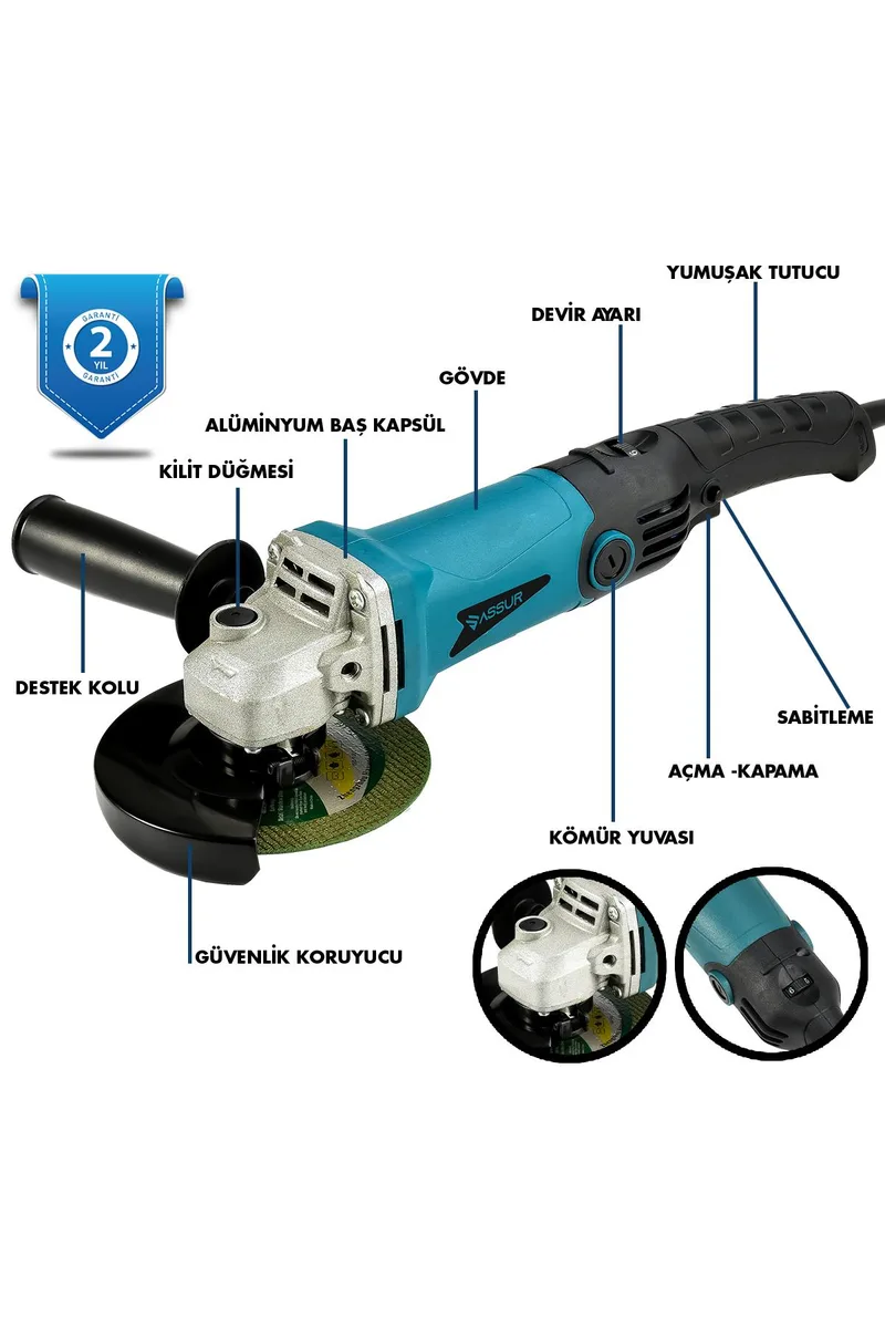 ASSUR 1200W Avuç Taşlama Makinesi 125mm Disk Çapı 6 Kademeli Uzun Kuyruk - Görsel 2