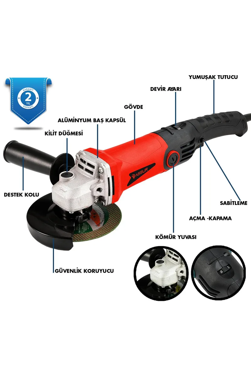 ASSUR 1200W Avuç Taşlama Makinesi 125mm Disk Çapı 6 Kademeli Uzun Kuyruk - Görsel 8