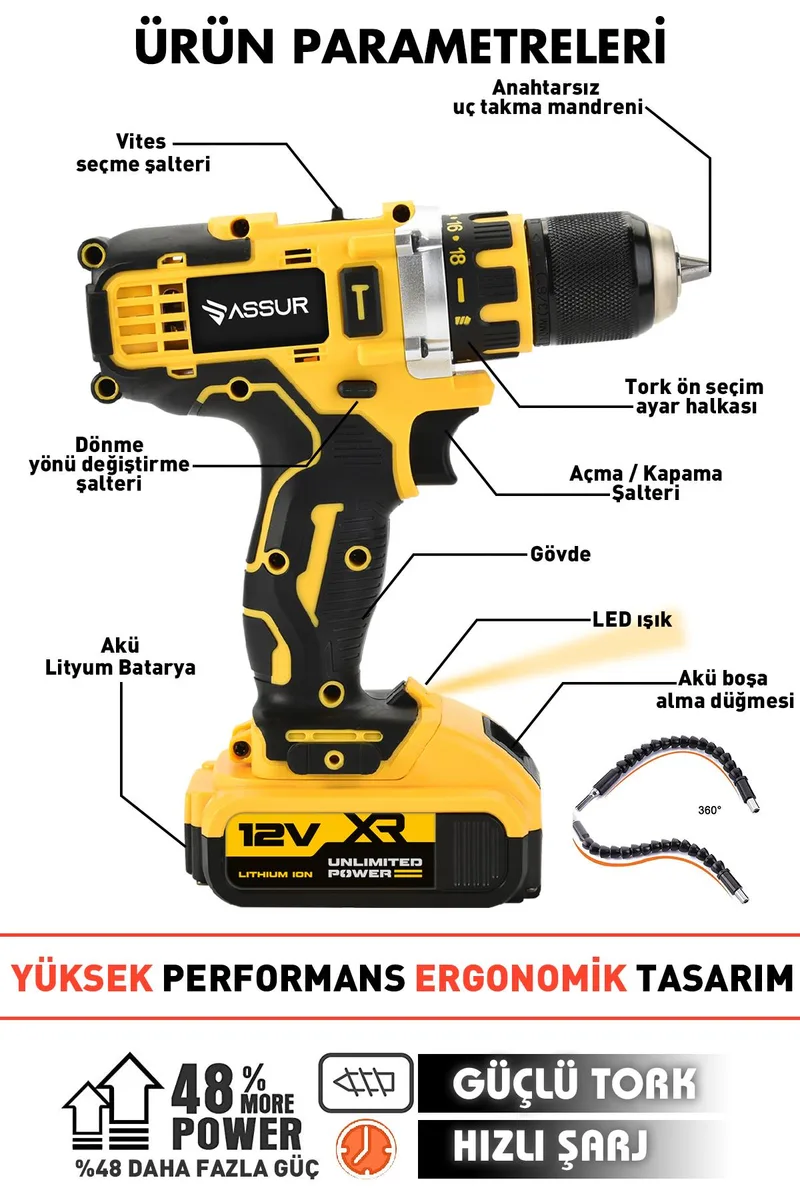 ASSUR 12V Profesyonel Çift Akülü 12 Köşe 360 Derece Lazer Hizalama Ve Akülü Vidalama Set - Görsel 2