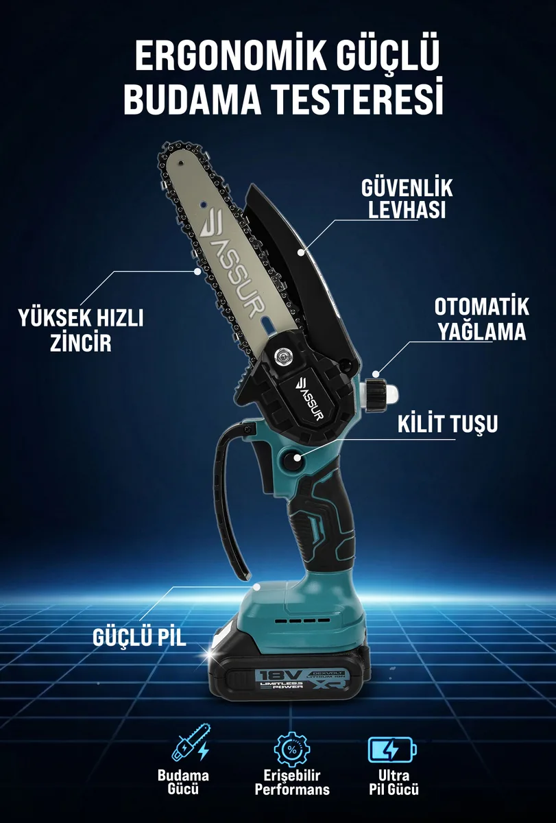 ASSUR 18V 15cm Pala Boyu Çift Akülü Ağaç Dal Kesme Budama Testeresi Ve Teleskopik Kollu - Görsel 8