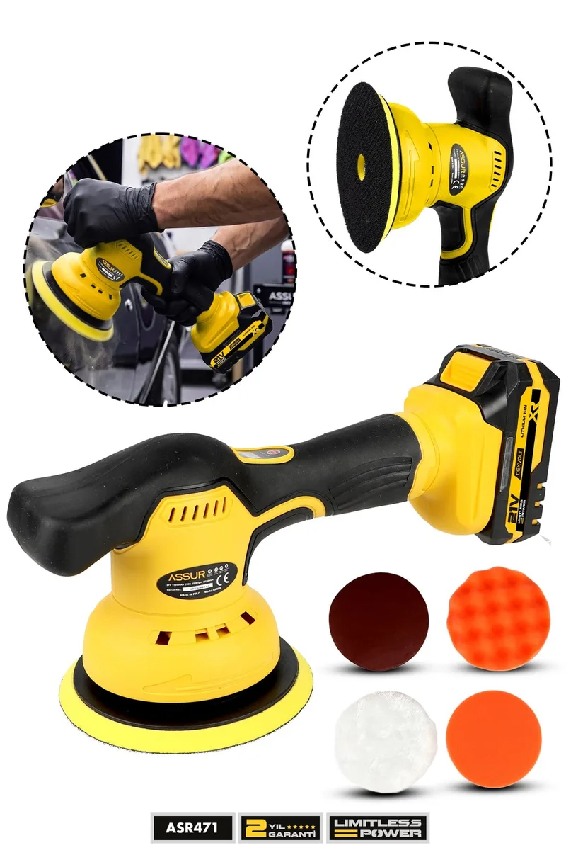 ASSUR 21V 150 mm Çift Akülü 8 Kademeli Orbital Polisaj Makinesi – Oto Pasta Cila ve Zımpara Makinesi