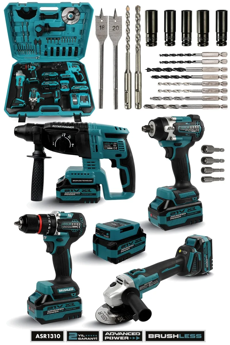 ASSUR 21V Kömürsüz 4'lü Set Şarj Kitli Hilti, Taşlama, Matkap ve Somun Sıkma Makinesi