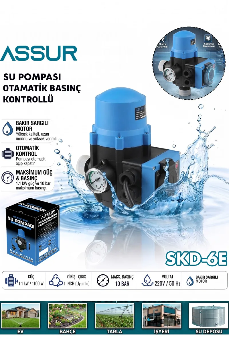 ASSUR 220V Skd-6e 1.1kW 10 Bar Su Pompası Otomatik Basınç Kontrol Cihazı