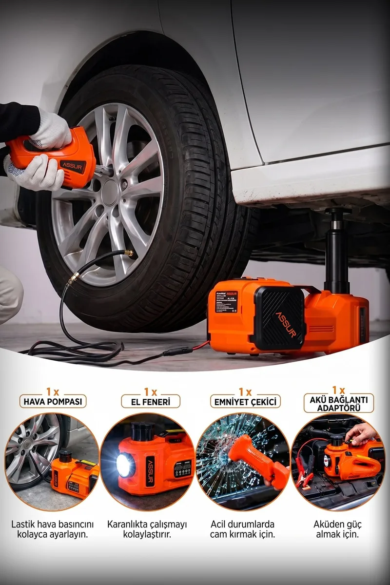 Assur 5'i 1 Arada 5 Ton Hidrolik Kriko 12V Hava Kompresörü & Bijon Sökme Sıkma Makinesi - Görsel 2