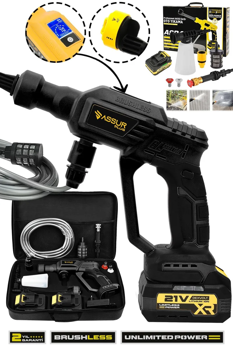 Assur Plus 21V 2 BATARYA Kömürsüz Motor Dijital Ekranlı Yüksek Basınçlı Akülü Şarjlı Oto Araba Yıkama Makinesi