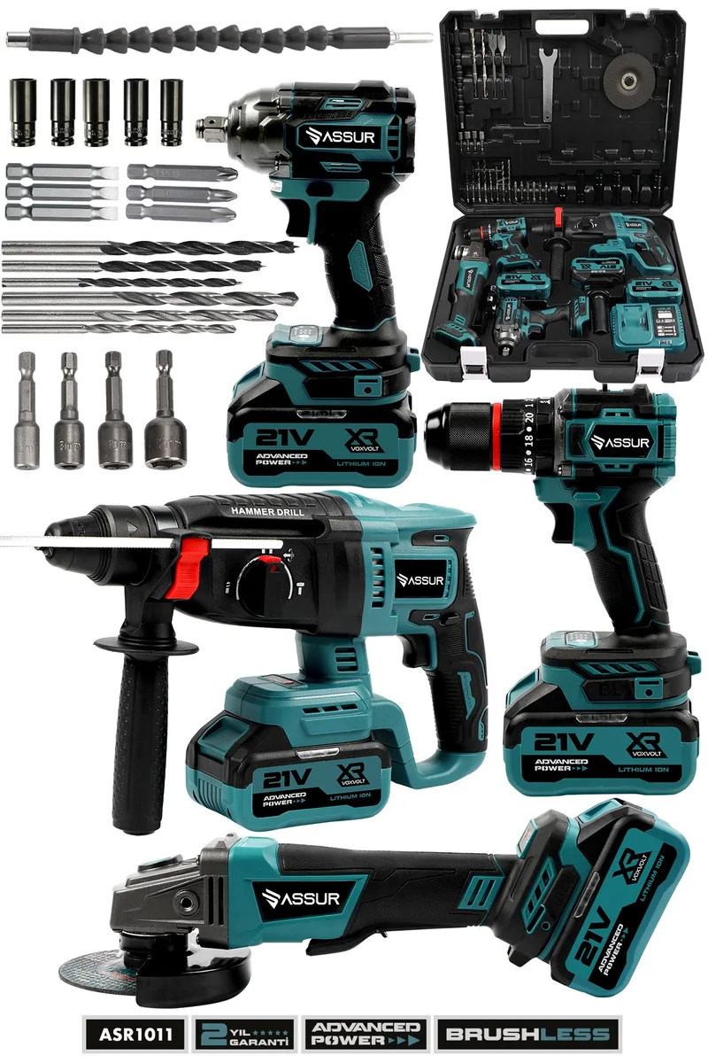 Assur Profesyonel 21V Darbeli Kömürsüz Taşlama & Kırıcı Delici Hilti & Somun Sıkma Sökme & Akülü Vidalama 4'lü Set