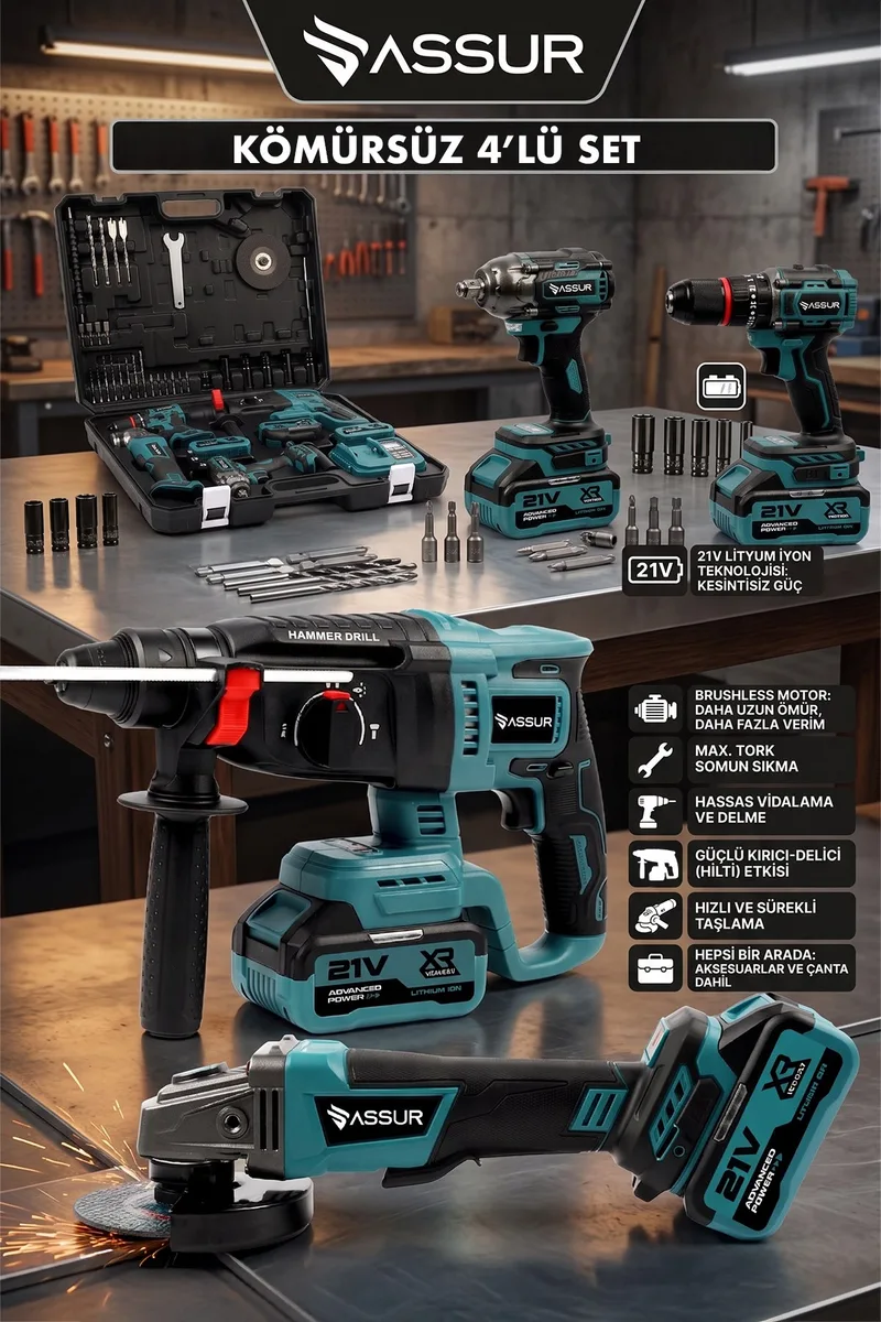 Assur Profesyonel 21V Darbeli Kömürsüz Taşlama & Kırıcı Delici Hilti & Somun Sıkma Sökme & Akülü Vidalama 4'lü Set - Görsel 2