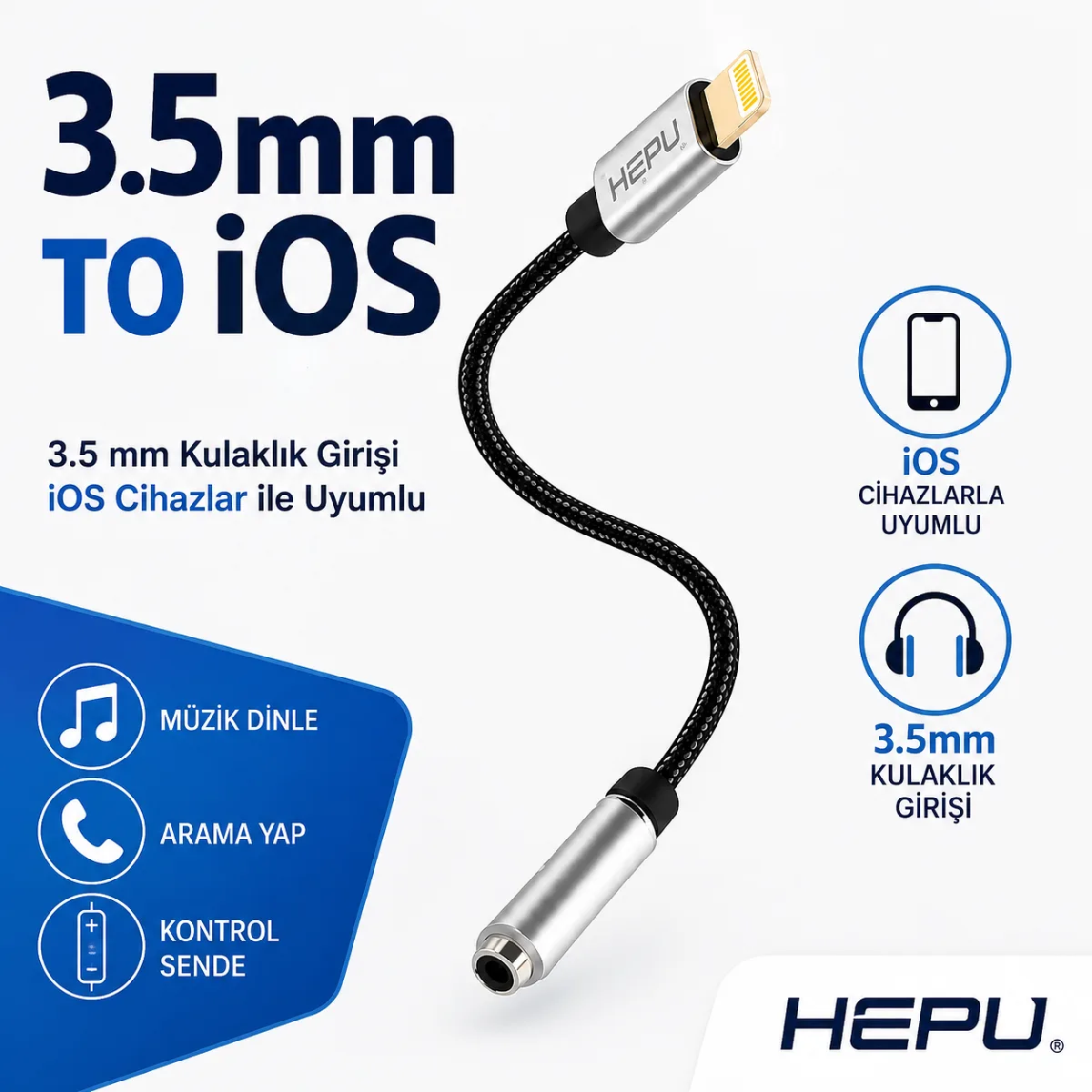 HEPU HP-19 iOS AUX Dönüştürücü – Lightning Girişli iPhone & iPad için Ses Adaptörü (30 cm) - Görsel 3