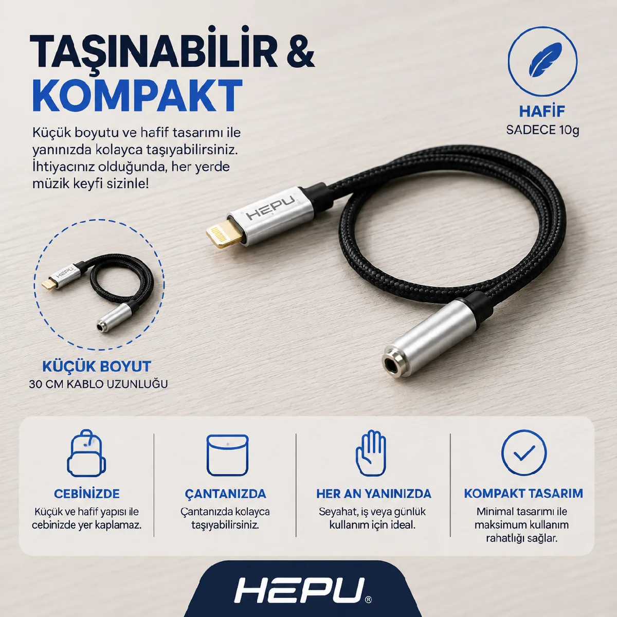 HEPU HP-19 iOS AUX Dönüştürücü – Lightning Girişli iPhone & iPad için Ses Adaptörü (30 cm) - Görsel 6