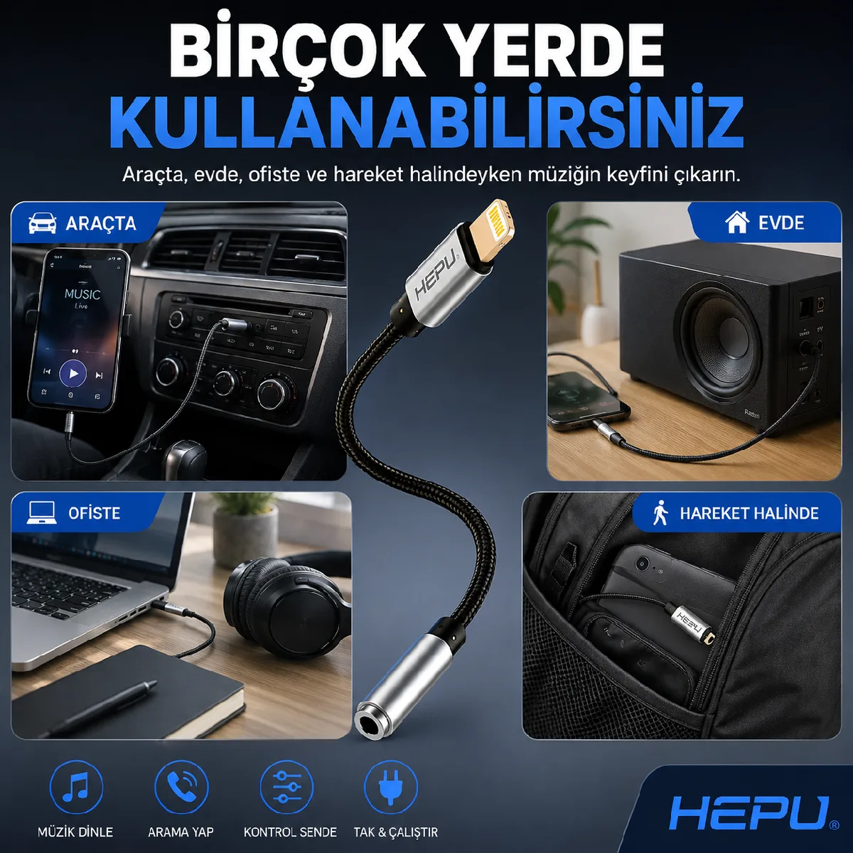 HEPU HP-19 iOS AUX Dönüştürücü – Lightning Girişli iPhone & iPad için Ses Adaptörü (30 cm) - Görsel 7