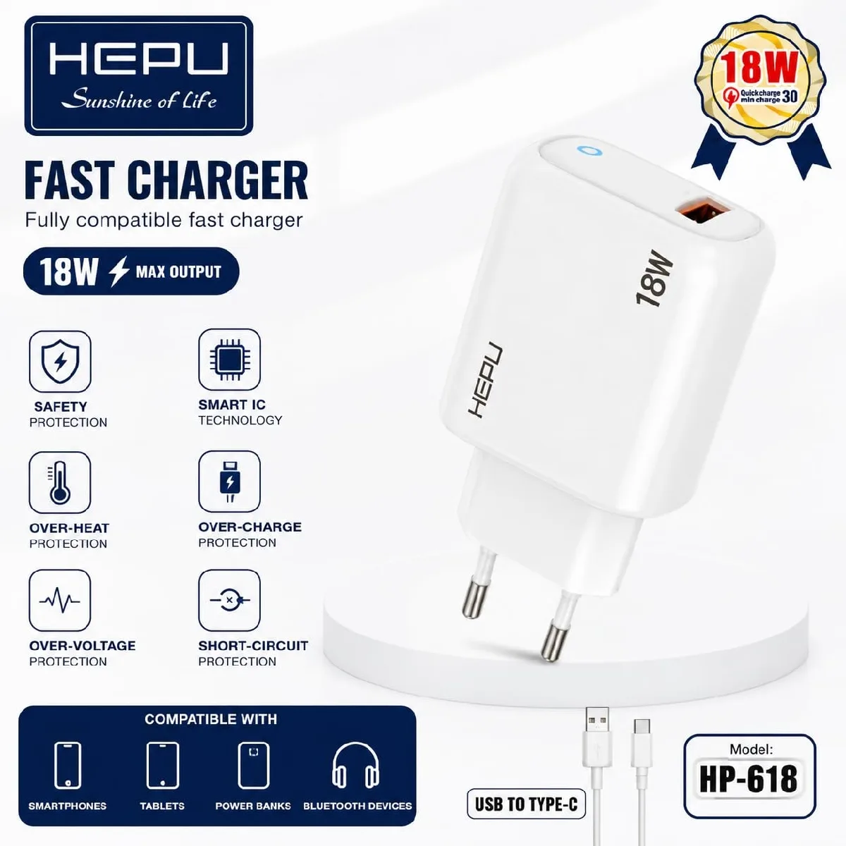 HEPU HP-618 18W 3A Hızlı Şarj Adaptörü – Qualcomm Quick Charge + Type-C Kablo Dahil - Görsel 3