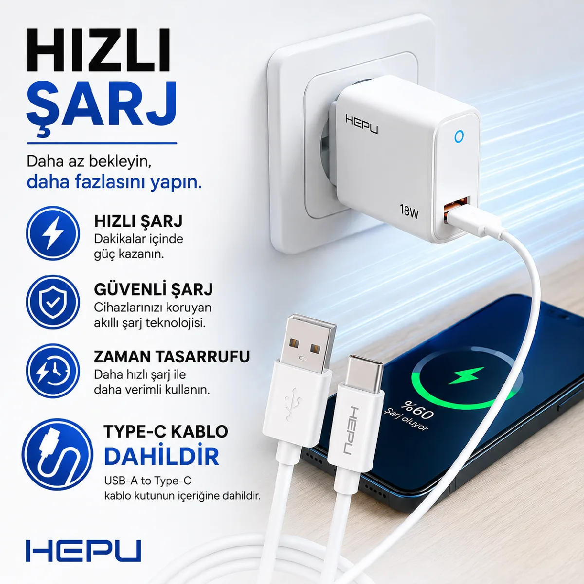 HEPU HP-618 18W 3A Hızlı Şarj Adaptörü – Qualcomm Quick Charge + Type-C Kablo Dahil - Görsel 7