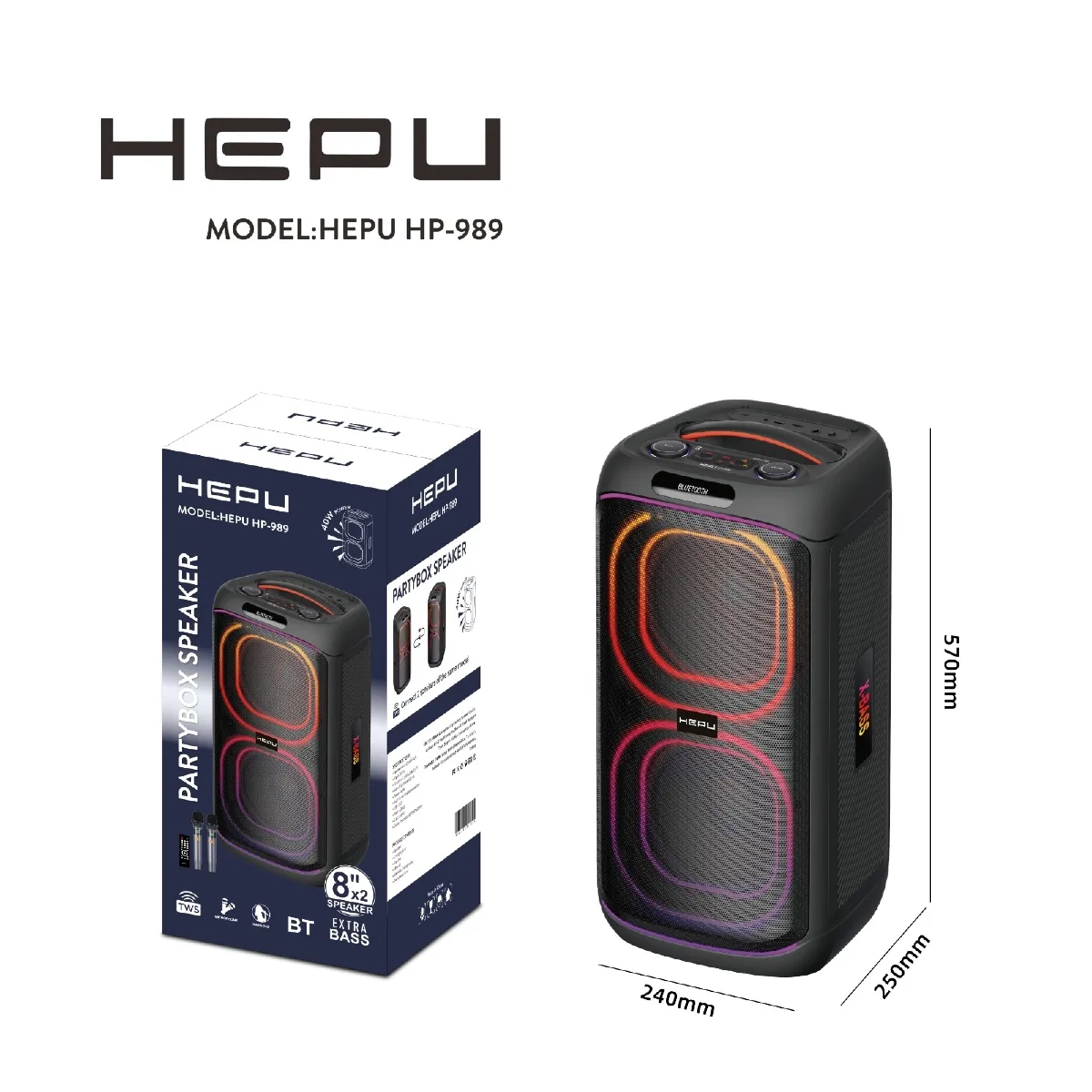 HEPU HP-989 Partybox Bluetooth Hoparlör – 2×8” Hoparlör, 40W Güç, RGB Işık, TWS Destekli - Görsel 3