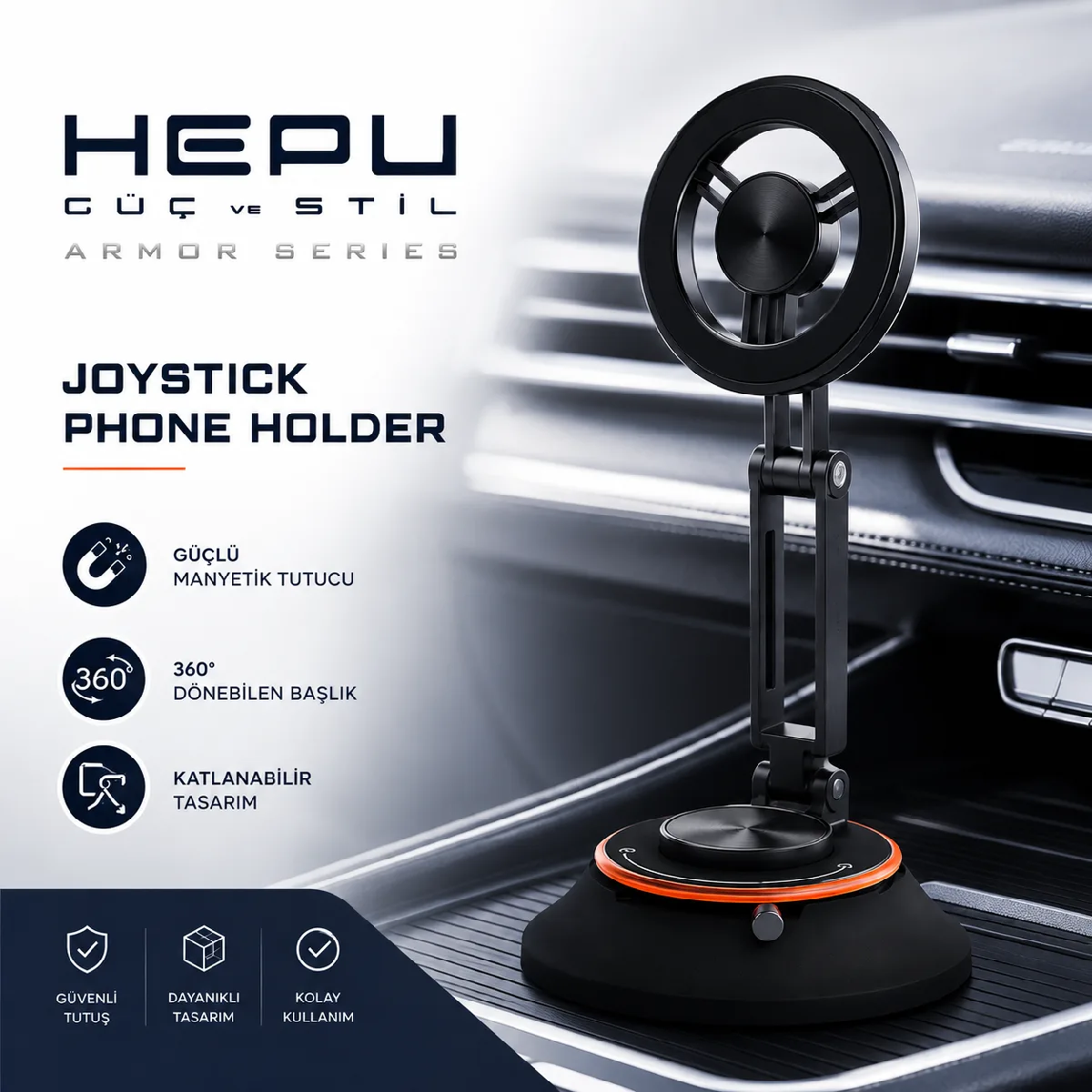 HEPU HP-AA01 Manyetik Araç İçi Telefon Tutucu – 360° Dönebilen, Katlanabilir Alüminyum Gövde - Görsel 8