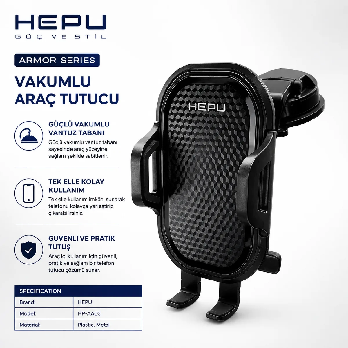 HEPU HP-AA03 Armor Araç İçi Telefon Tutucu – Güçlü Vantuzlu, 360° Dönebilen Tasarım - Görsel 2