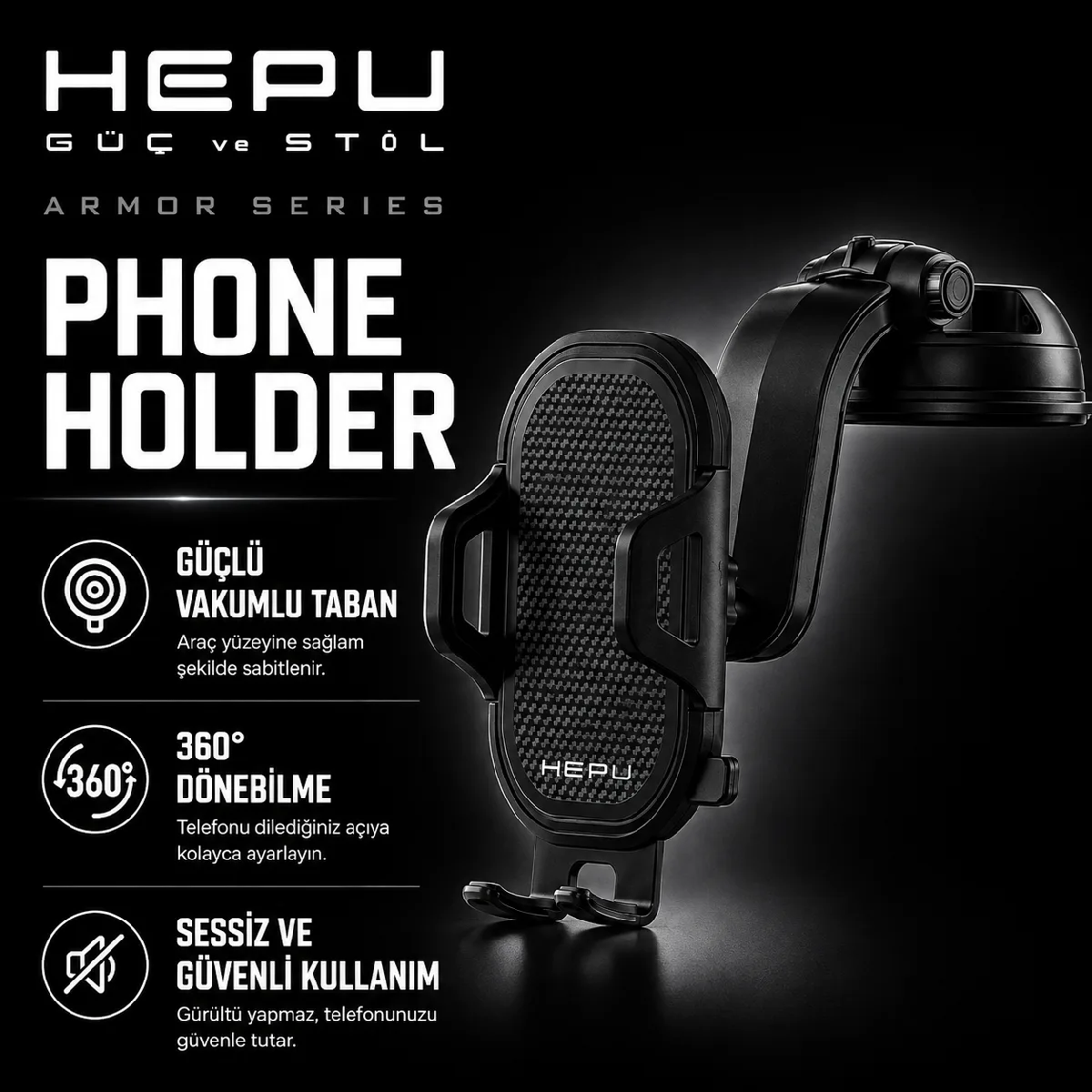 HEPU HP-AA03 Armor Araç İçi Telefon Tutucu – Güçlü Vantuzlu, 360° Dönebilen Tasarım - Görsel 7
