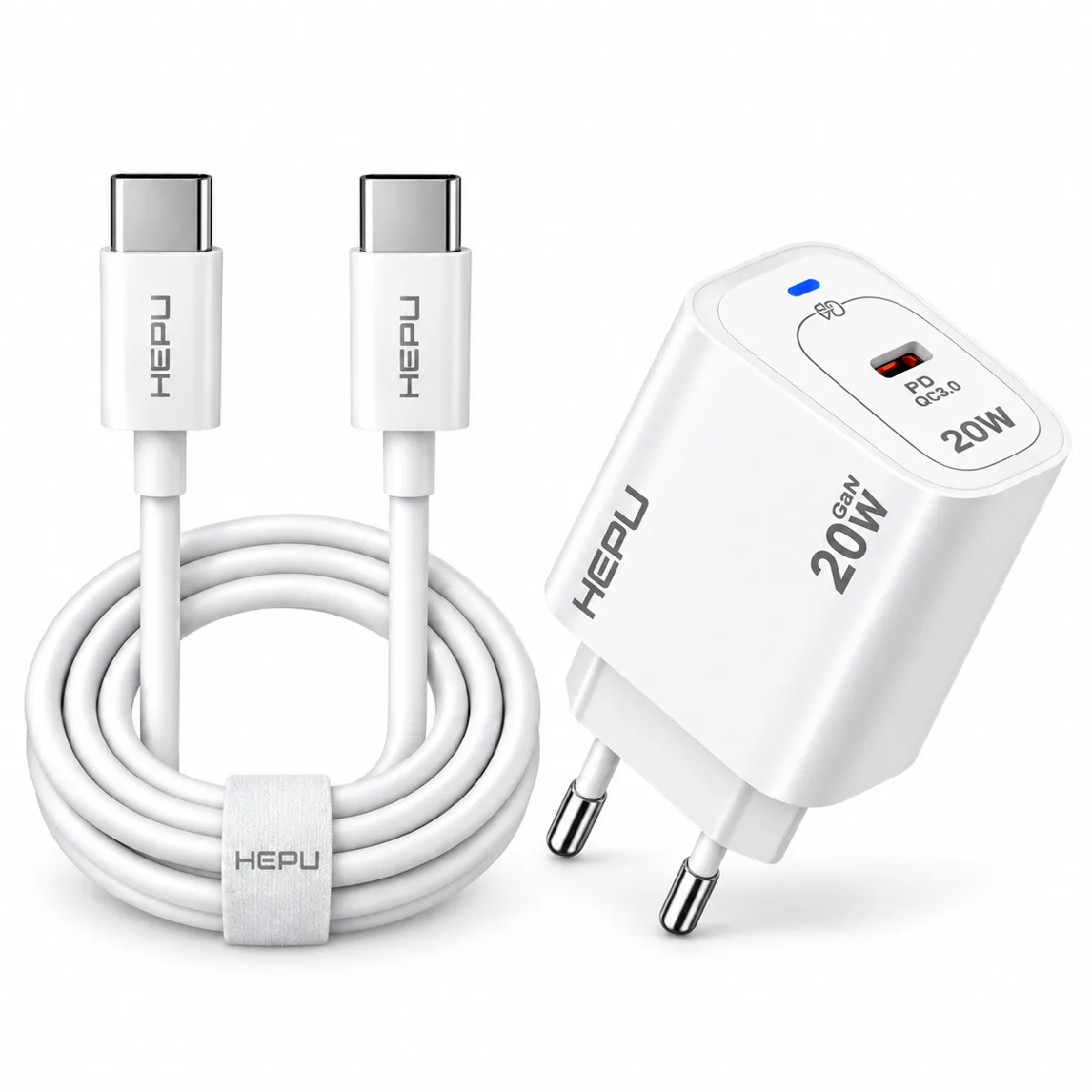 HEPU HP-AC02 20W GaN PD Şarj Adaptörü – Hızlı Şarj, Type-C to Type-C Kablo Dahil