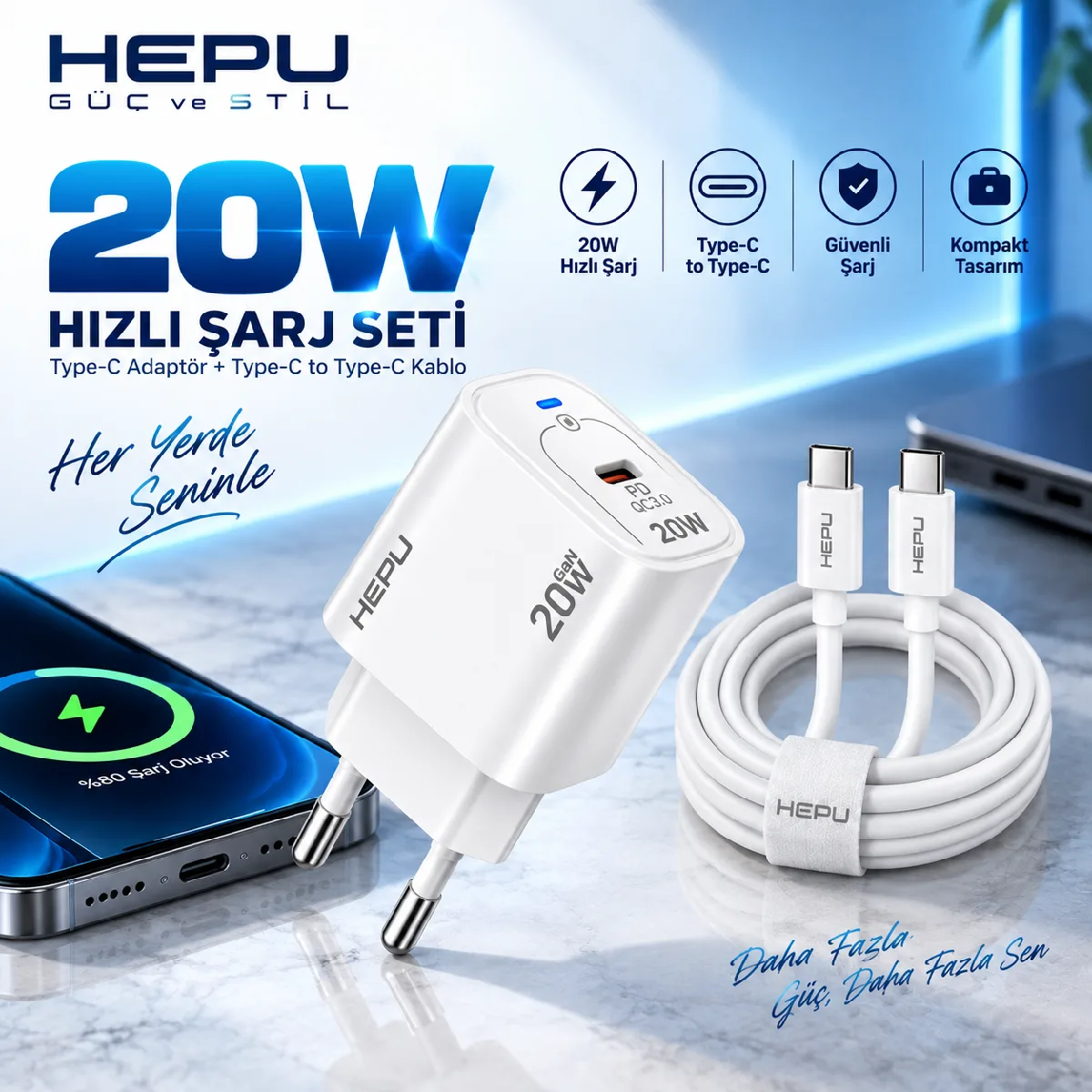 HEPU HP-AC02 20W GaN PD Şarj Adaptörü – Hızlı Şarj, Type-C to Type-C Kablo Dahil - Görsel 7