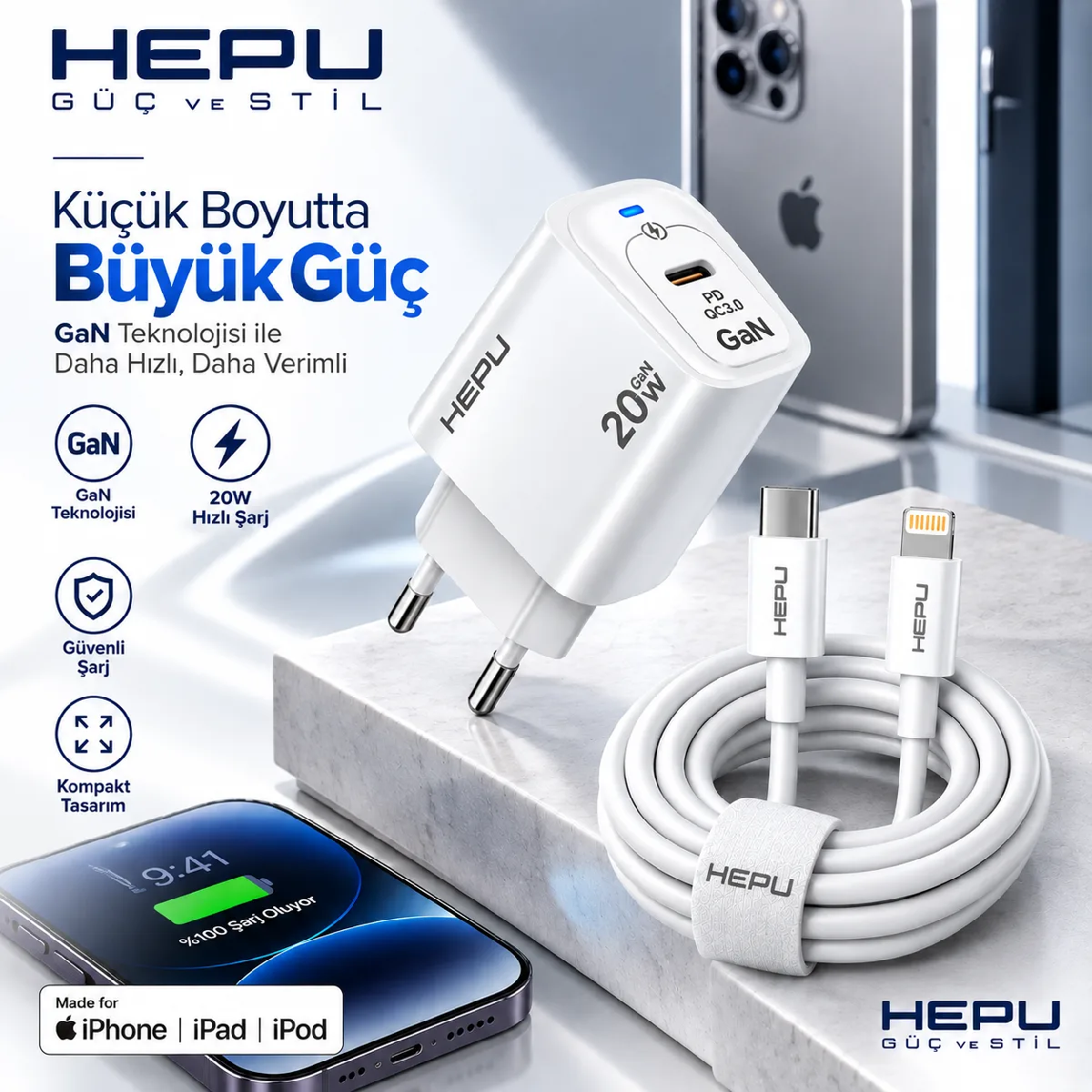 HEPU HP-AC03 20W GaN PD Şarj Adaptörü – Hızlı Şarj, Type-C to Lightning Kablo Dahil - Görsel 6