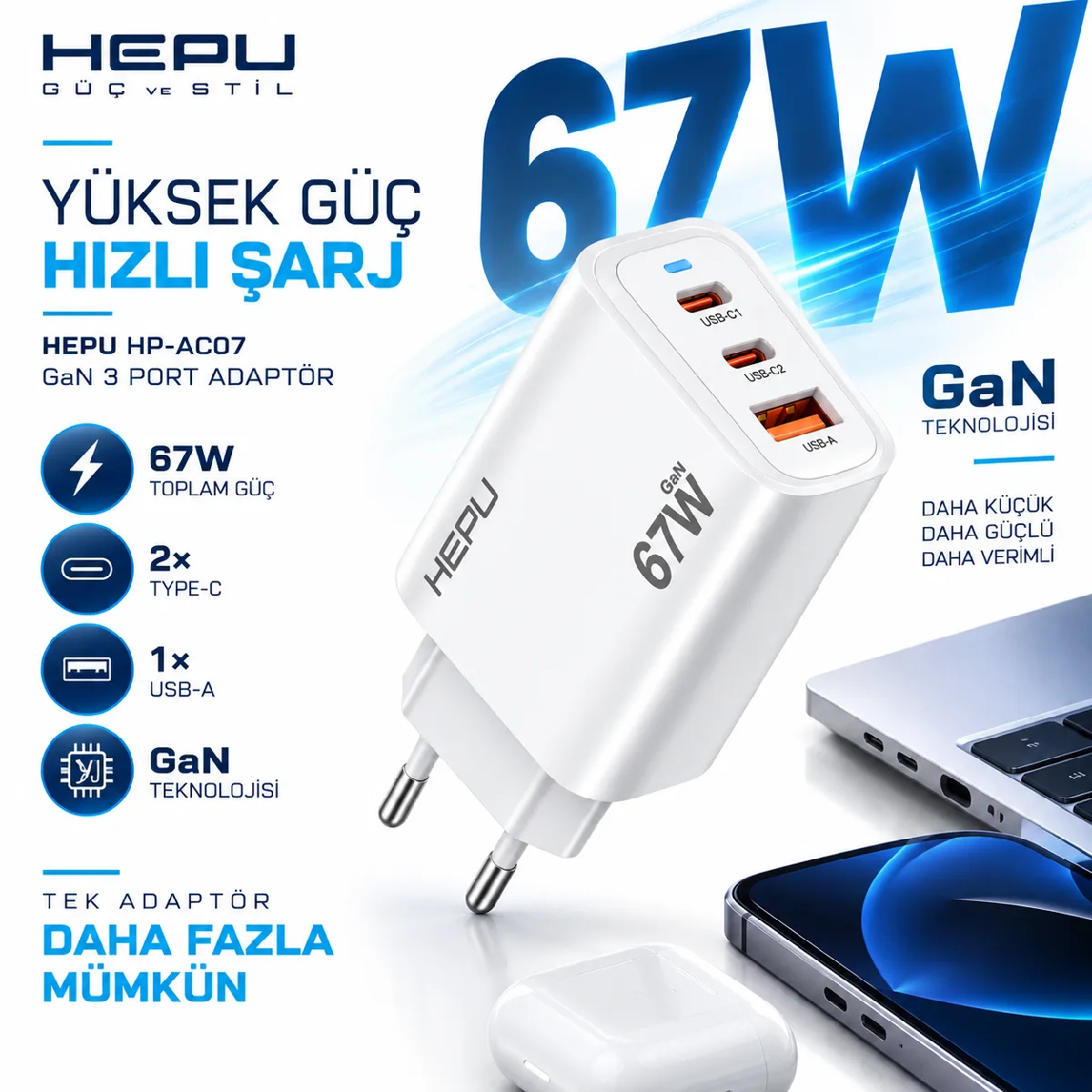 HEPU HP-AC07 67W GaN PD Şarj Adaptörü – Hızlı Şarj - Görsel 4