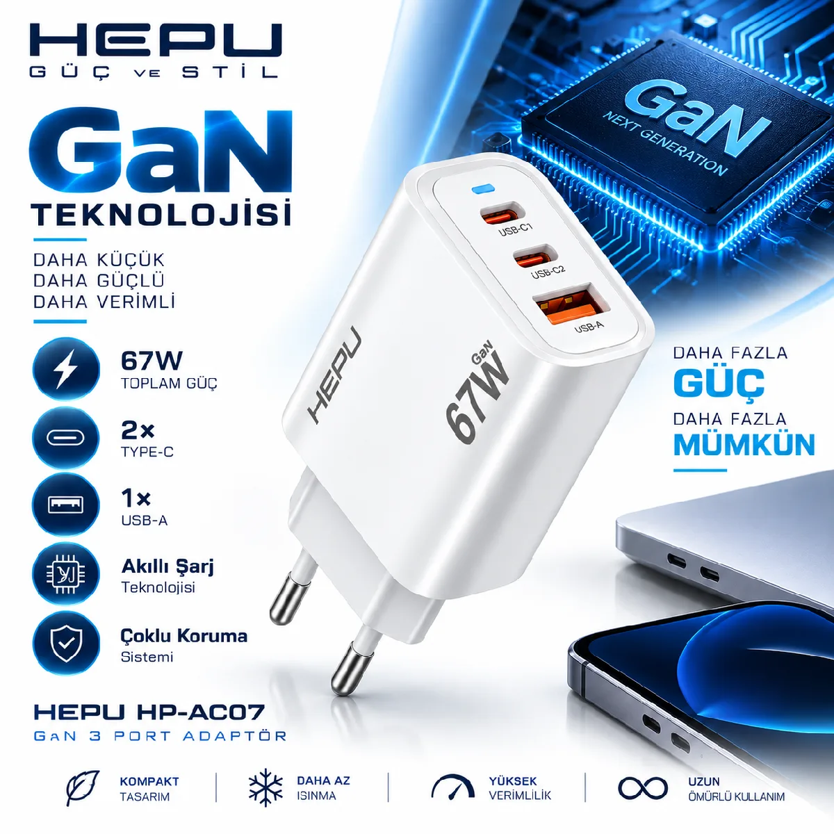 HEPU HP-AC07 67W GaN PD Şarj Adaptörü – Hızlı Şarj - Görsel 5